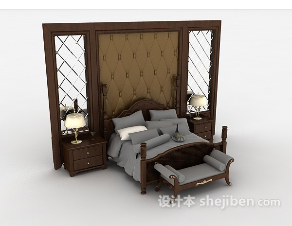 其它实木新古典双人床3d模型下载