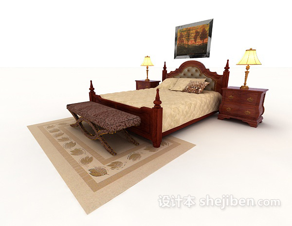 红木双人床3d模型下载