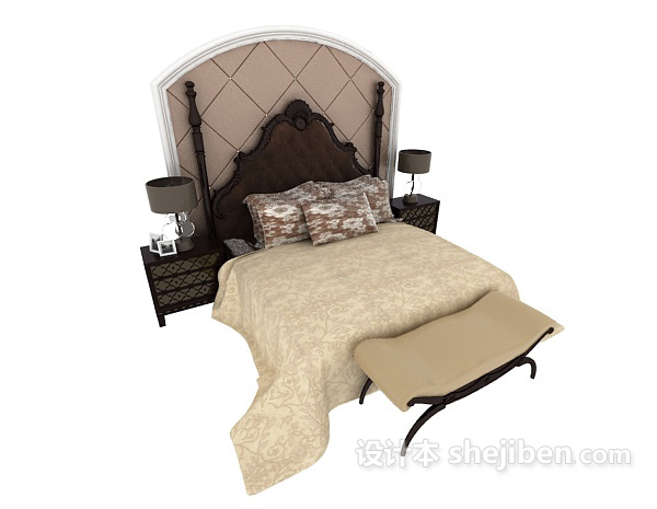 免费美式家居式双人床3d模型下载