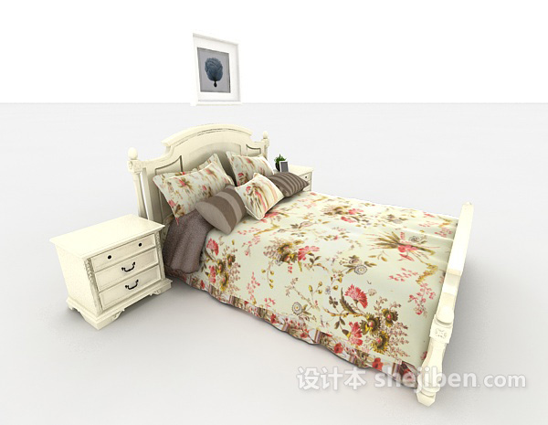设计本米白色欧式双人床3d模型下载