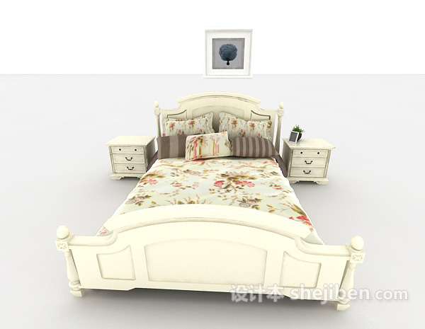 欧式风格米白色欧式双人床3d模型下载
