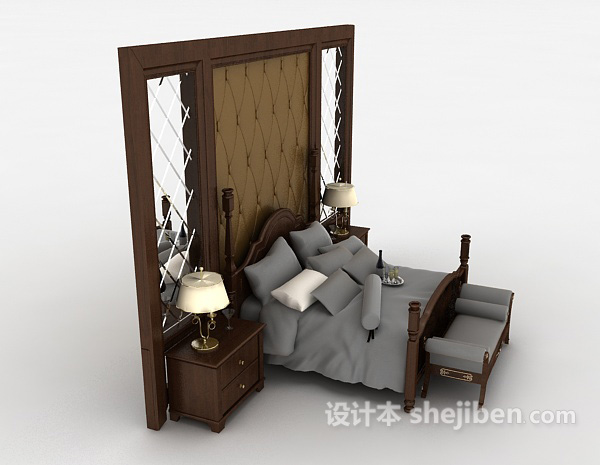 设计本实木新古典双人床3d模型下载