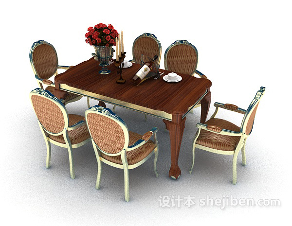 免费欧式六人餐桌3d模型下载