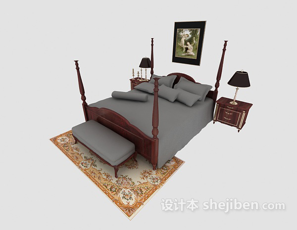 欧式红木双人床3d模型下载