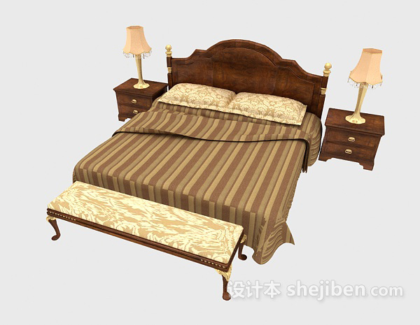 免费棕色欧式双人床3d模型下载