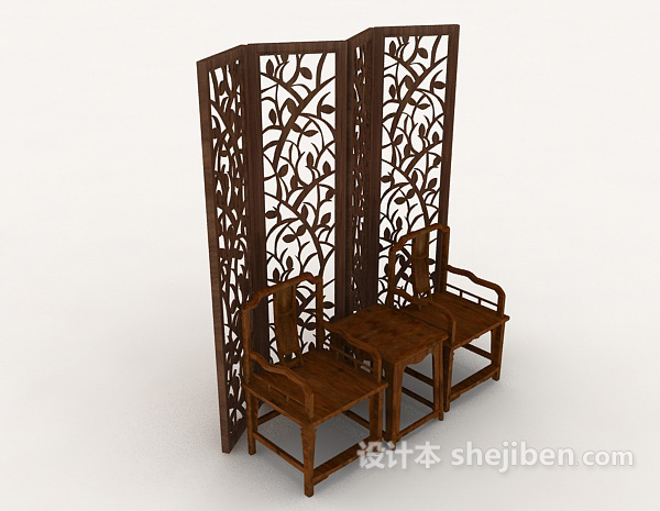 中式屏风、实木家居椅3d模型下载