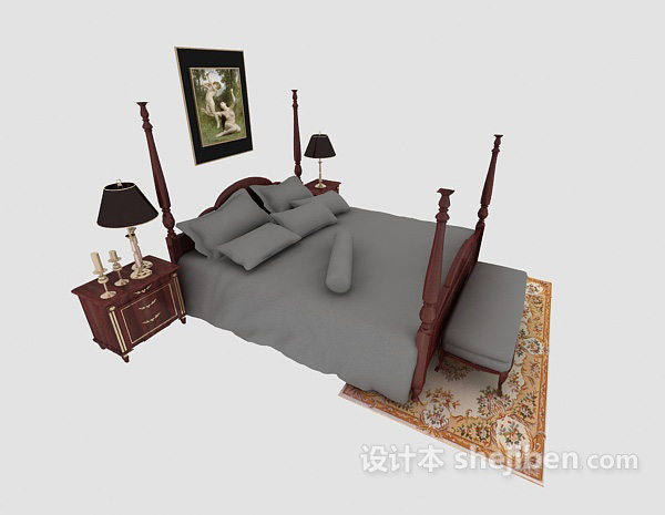 设计本欧式红木双人床3d模型下载
