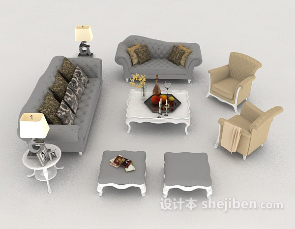 设计本欧式风格浅色组合沙发3d模型下载