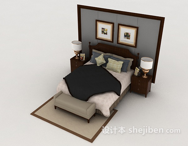 免费新古典风格实木双人床3d模型下载
