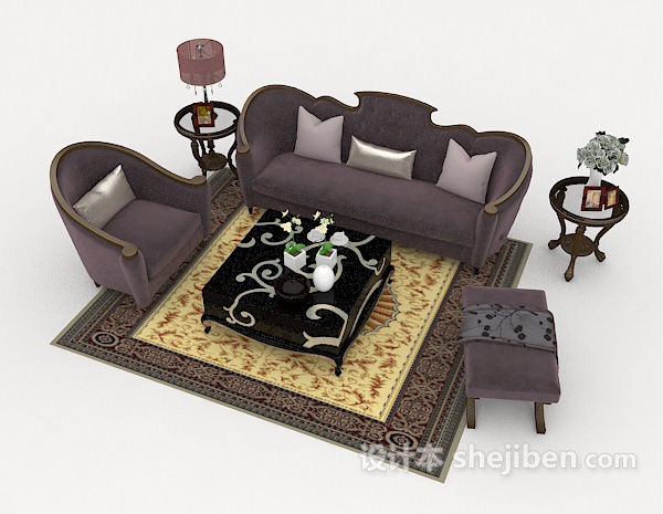其它紫色新古典组合沙发3d模型下载
