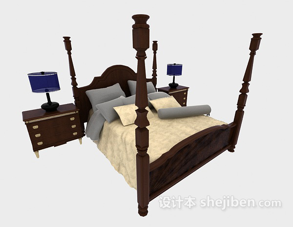 免费欧式居家实木双人床3d模型下载