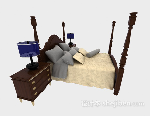 设计本欧式居家实木双人床3d模型下载