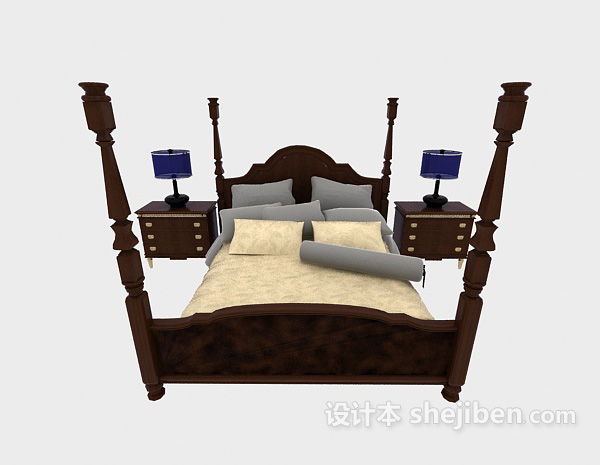 欧式风格欧式居家实木双人床3d模型下载