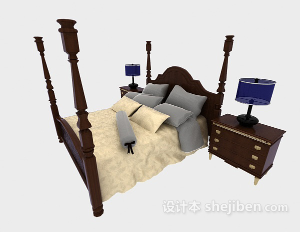 欧式居家实木双人床3d模型下载