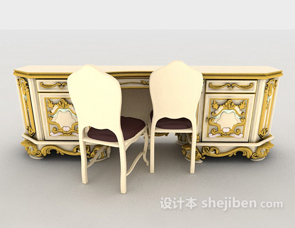 中式风格浅色欧式书桌3d模型下载