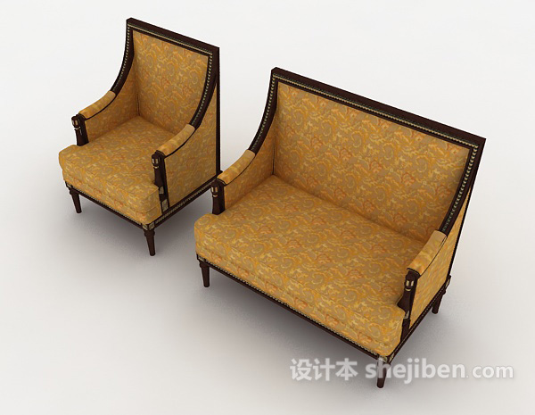 免费新中式金色双人沙发3d模型下载