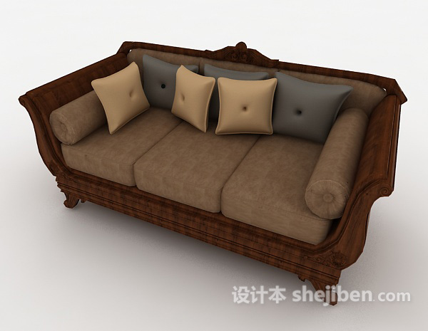 免费欧式木质多人沙发3d模型下载
