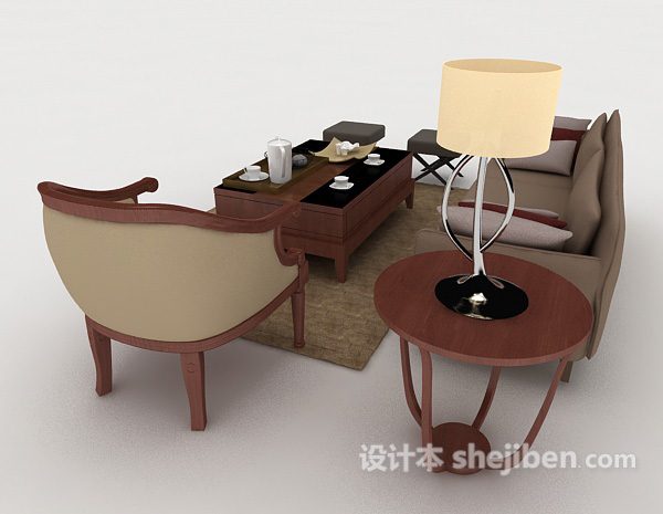 设计本家居木质休闲棕色组合沙发3d模型下载