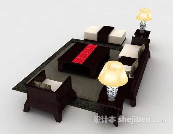 设计本新中式实木型组合沙发3d模型下载