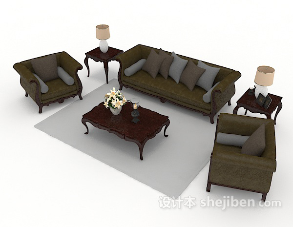 免费新中式木质家居组合沙发3d模型下载