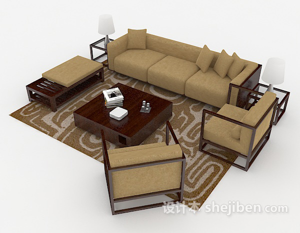 现代风格现代棕色家居木质组合沙发3d模型下载
