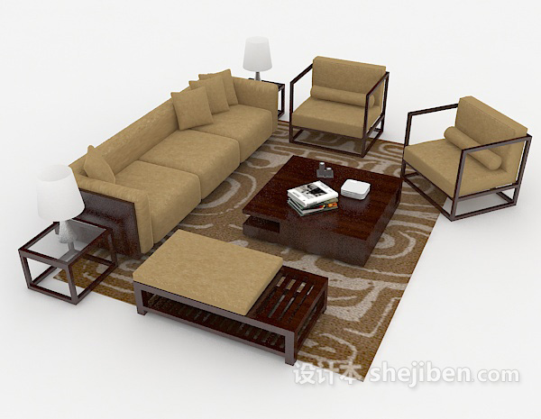 设计本现代棕色家居木质组合沙发3d模型下载