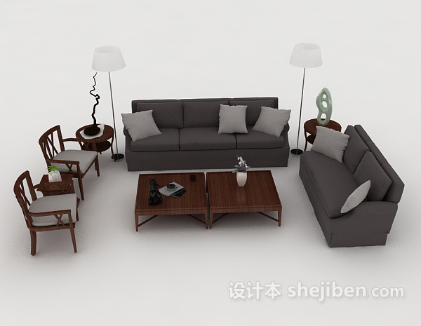 中式风格新中式灰色组合沙发3d模型下载