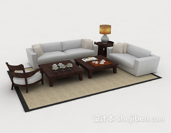 家居简约木质灰色组合沙发3d模型下载
