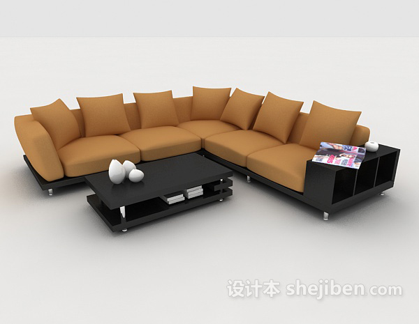现代黄棕色简约多人沙发3d模型下载