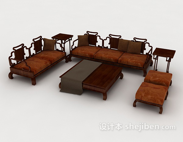 中式风格中式棕色木质组合沙发3d模型下载