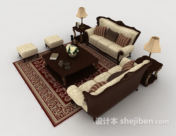 免费欧式复古家居棕色组合沙发3d模型下载