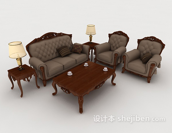 欧式木质灰棕色组合沙发3d模型下载