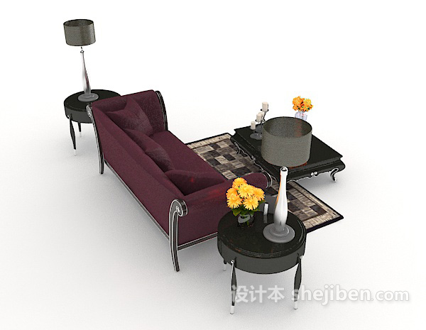 设计本玫红色简单多人沙发3d模型下载
