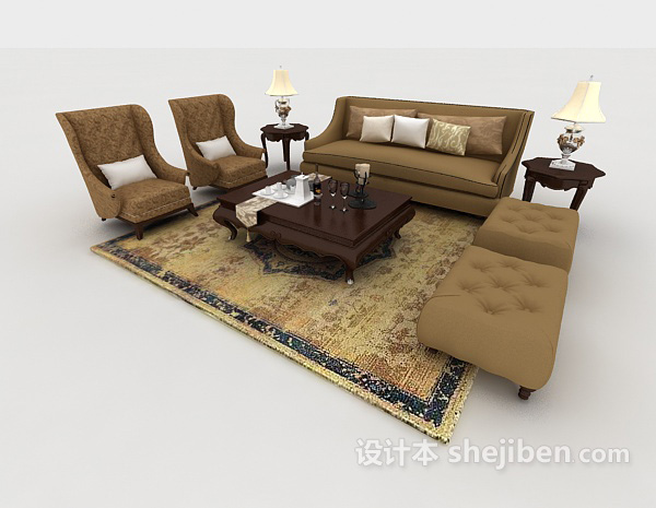 新中式浅棕色组合沙发3d模型下载