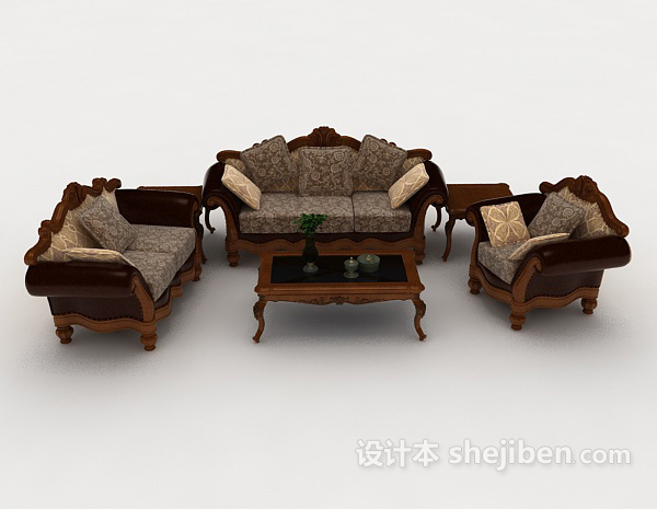 欧式风格欧式家居棕色花纹组合沙发3d模型下载