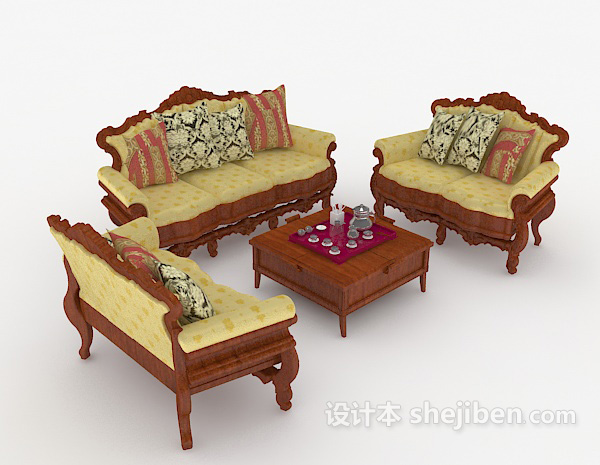 中式黄棕色组合沙发