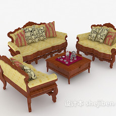 中式黄棕色组合沙发3d模型下载
