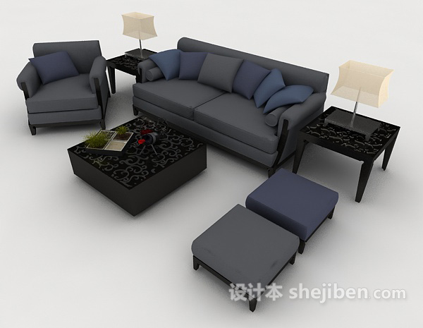 现代简约灰蓝色组合沙发