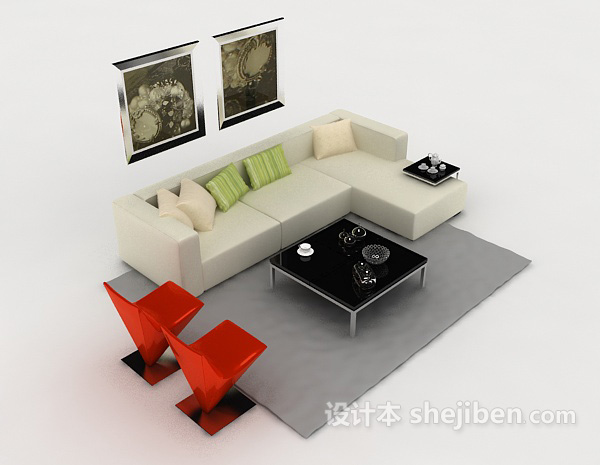 现代简约白色多人沙发3d模型下载