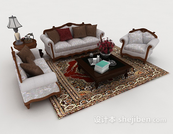 欧式家居灰色木质组合沙发3d模型下载