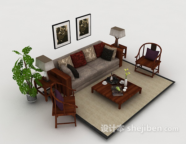 新中式组合居家沙发3d模型下载