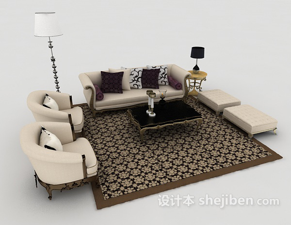 免费欧式简约木质家居组合沙发3d模型下载