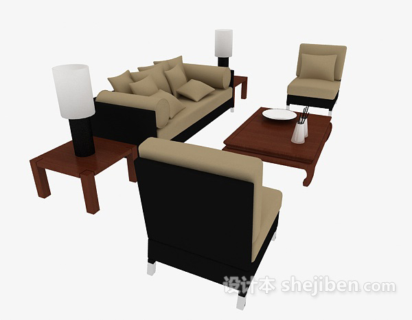 设计本新中式沙发茶几组合3d模型下载