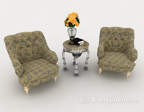 欧式风格欧式花纹单人沙发组合3d模型下载