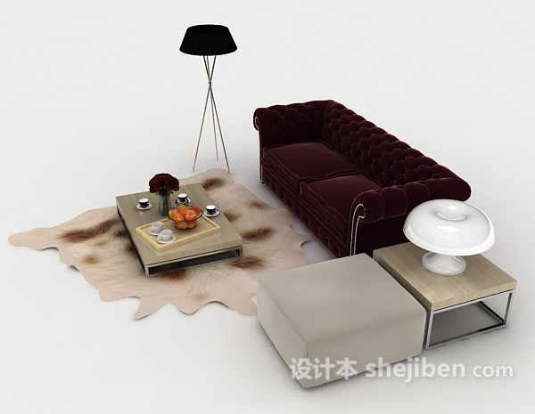 设计本欧式暗红色双人沙发3d模型下载