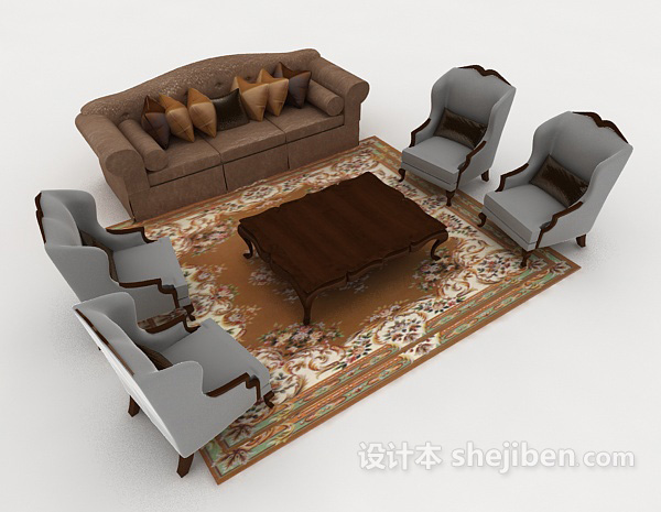 新中式灰棕色组合沙发3d模型下载