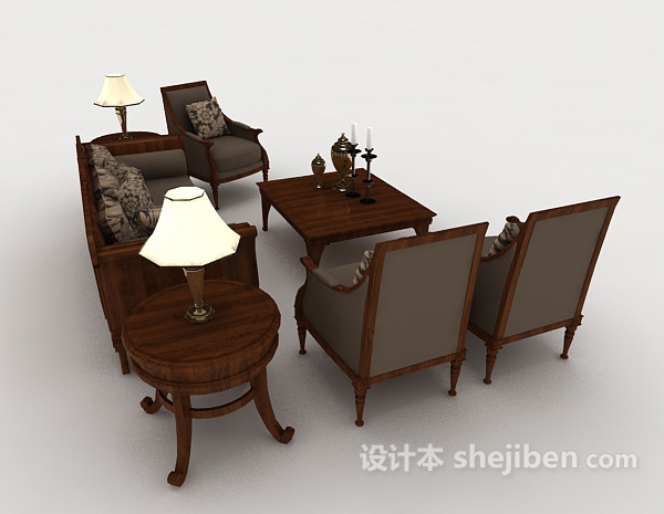 设计本新中式棕色家居组合沙发3d模型下载