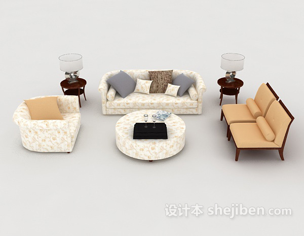 中式风格新中式清新花纹组合沙发3d模型下载