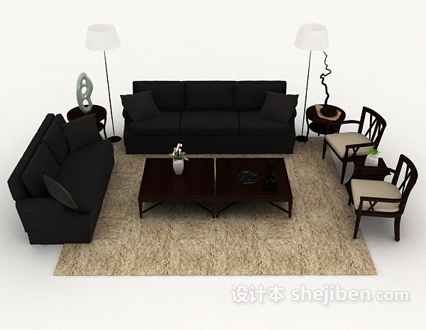 现代风格简约家具黑色组合沙发3d模型下载