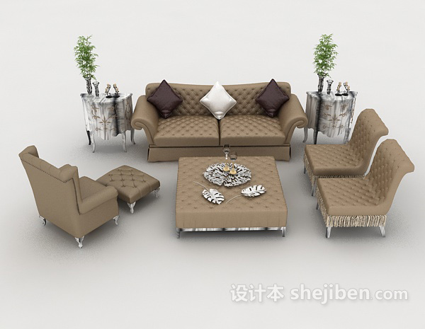 欧式风格简欧棕色组合沙发3d模型下载